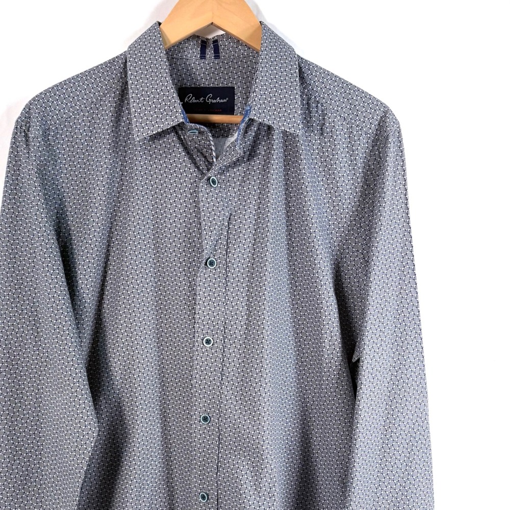 Robert Graham Button Down Shirt Blue Geometric Print Tailored Fit XL